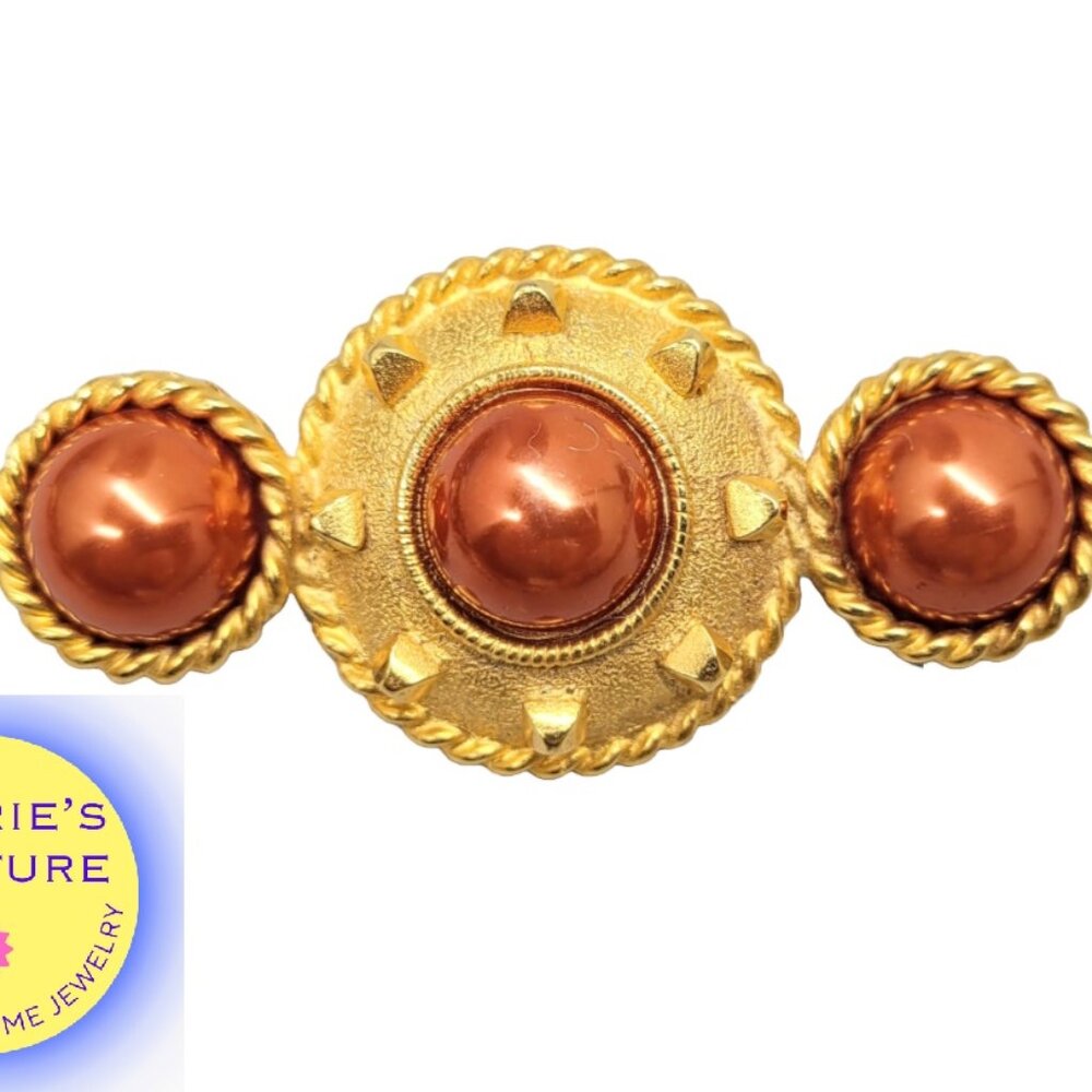 Vintage Signed Gerard Yosca Goldtone Red Faux-Pearl Brooch
